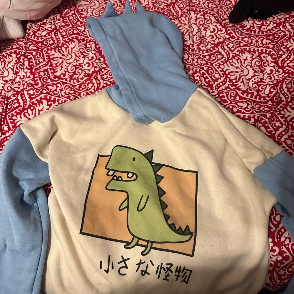 Dinosaur Hoodie Kawaii blue sleeve